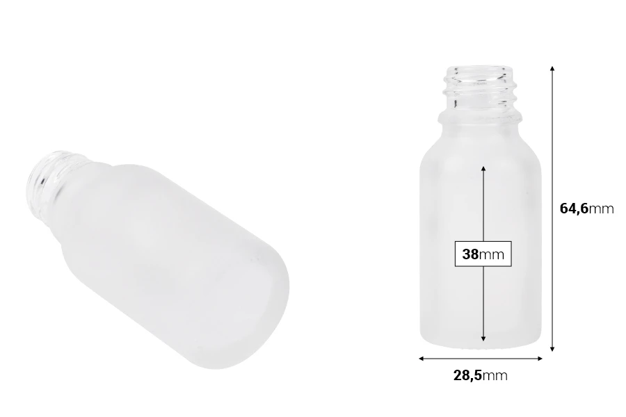 Providna staklena bočica od peskiranog stakla za etarska ulja 15mL, sa grlom PP18 - bez zatvarača-dimenzije_slike