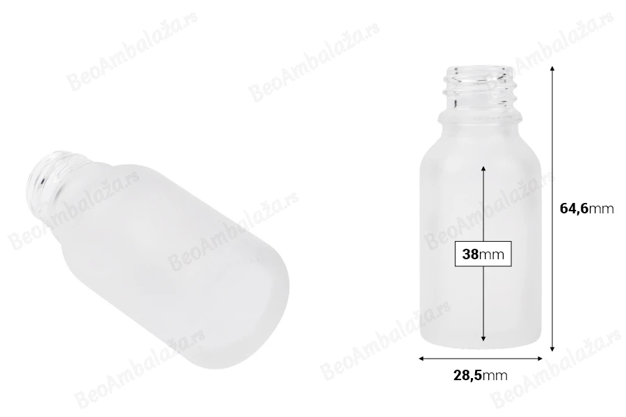 Providna staklena bočica od peskiranog stakla za etarska ulja 15mL, sa grlom PP18 - bez zatvarača-dimenzije_slike