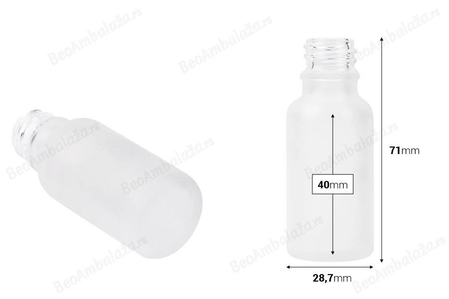 Providna staklena bočica od peskiranog stakla za etarska ulja 20mL, sa grlom PP18 - bez zatvarača-dimenzije_slike