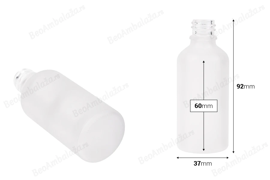 Providna staklena bočica od peskiranog stakla za etarska ulja 50mL, sa grlom PP18 - bez zatvarača-dimenzije_slike