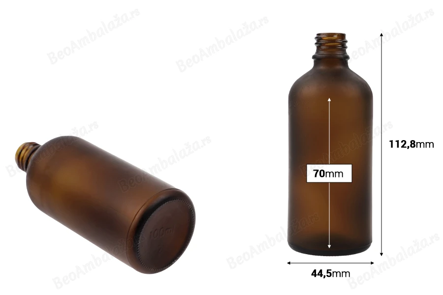 Braon staklena bočica od peskiranog stakla za etarska ulja 100mL, sa grlom PP18 - bez zatvarača-dimenzije_slike