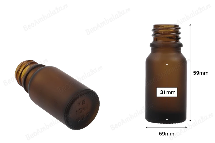 Braon staklena bočica od peskiranog stakla za etarska ulja 10mL, sa grlom PP18 - bez zatvarača-dimenzije_slike