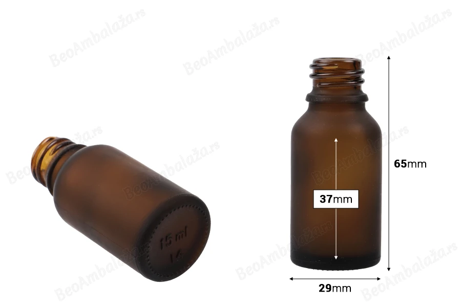 Braon staklena bočica od peskiranog stakla za etarska ulja 15mL, sa grlom PP18 - bez zatvarača-dimenzije_slike