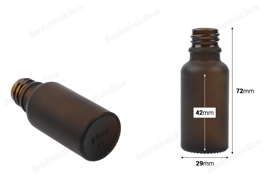 Braon staklena bočica od peskiranog stakla za etarska ulja 20mL, sa grlom PP18 - bez zatvarača-dimenzije_slike