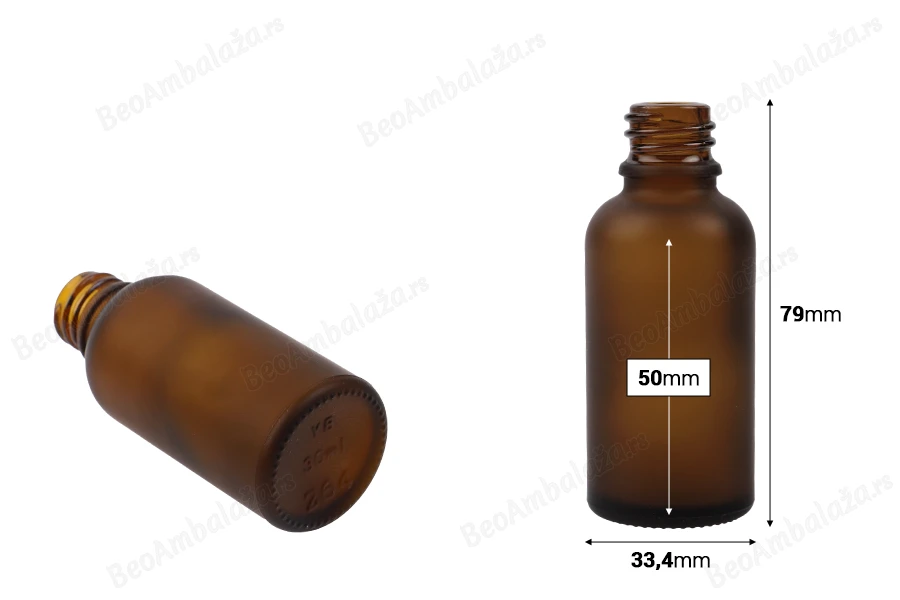 Braon staklena bočica od peskiranog stakla za etarska ulja 30mL, sa grlom PP18 - bez zatvarača-dimenzije_slike
