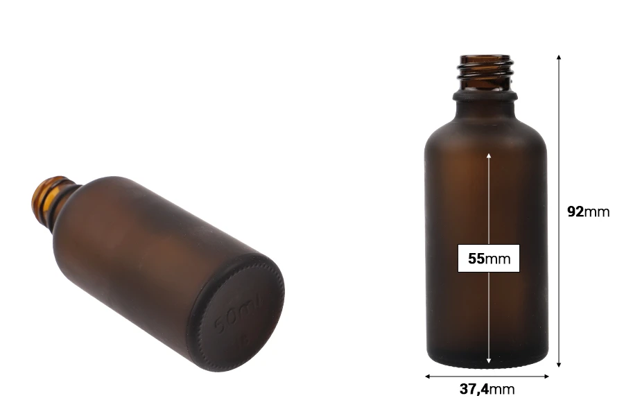 Braon staklena bočica od peskiranog stakla za etarska ulja 50mL, sa grlom PP18 - bez zatvarača-dimenzije_slike