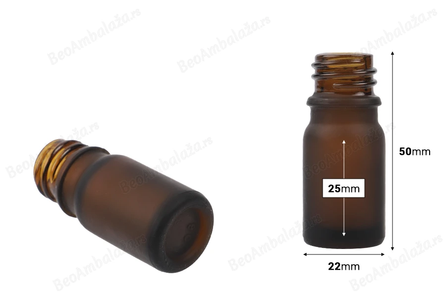 Braon staklena bočica od peskiranog stakla za etarska ulja 5mL, sa grlom PP18 - bez zatvarača-dimenzije_slike