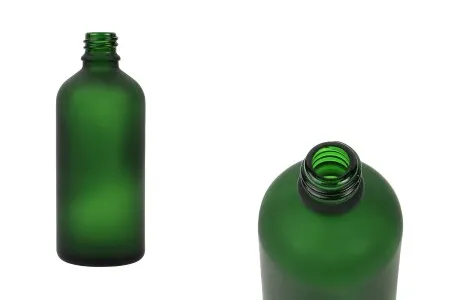 Zelena staklena bočica od peskiranog stakla za etarska ulja 100mL, sa grlom PP18 - bez zatvarača-1