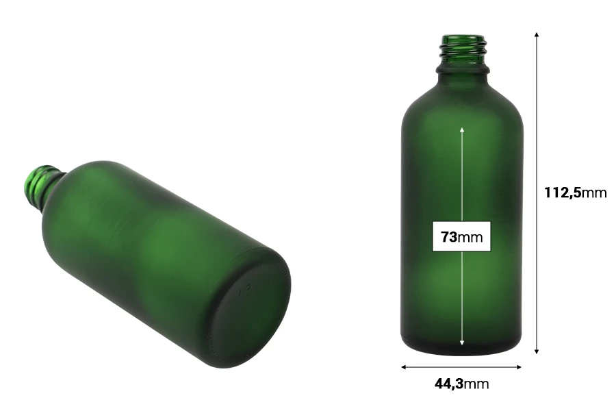 Zelena staklena bočica od peskiranog stakla za etarska ulja 100mL, sa grlom PP18 - bez zatvarača-dimenzije_slike