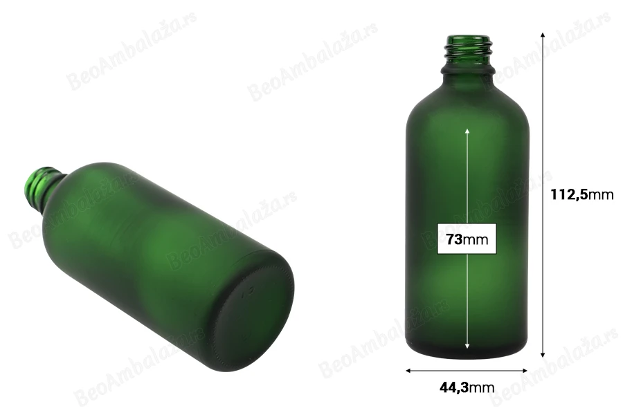 Zelena staklena bočica od peskiranog stakla za etarska ulja 100mL, sa grlom PP18 - bez zatvarača-dimenzije_slike