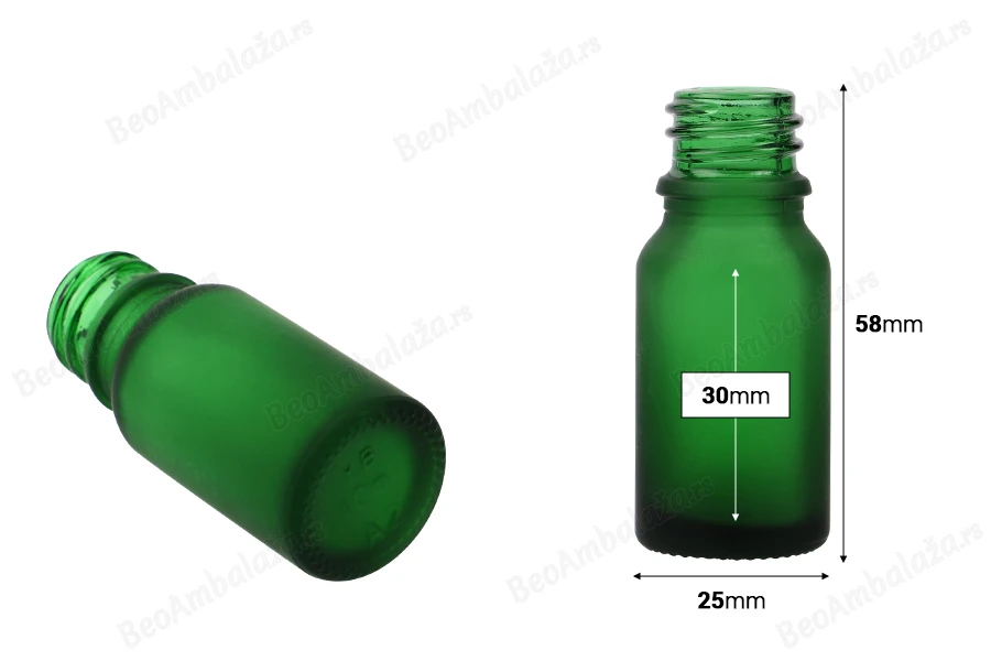 Zelena staklena bočica od peskiranog stakla za etarska ulja 10mL, sa grlom PP18 - bez zatvarača-dimenzije_slike