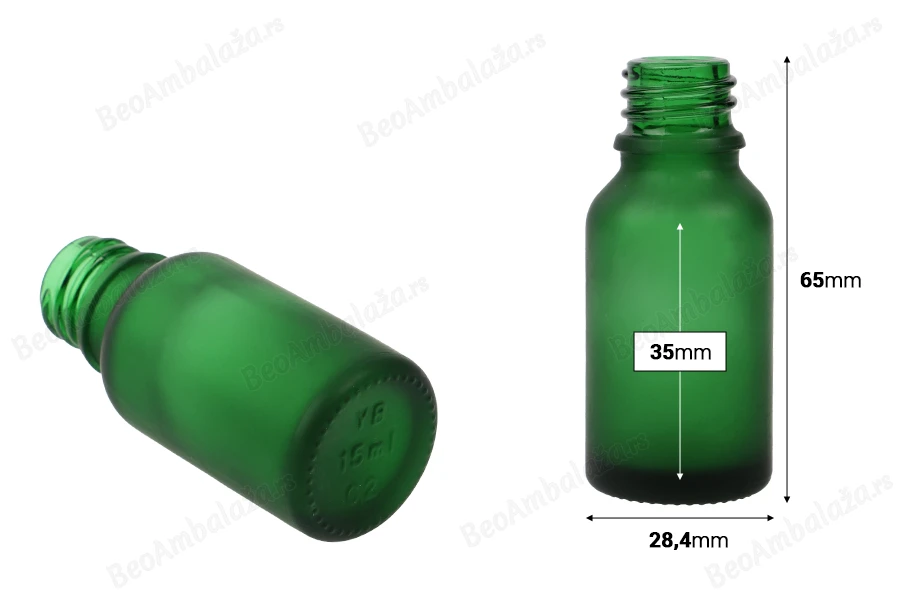 Zelena staklena bočica od peskiranog stakla za etarska ulja 15mL, sa grlom PP18 - bez zatvarača-dimenzije_slike