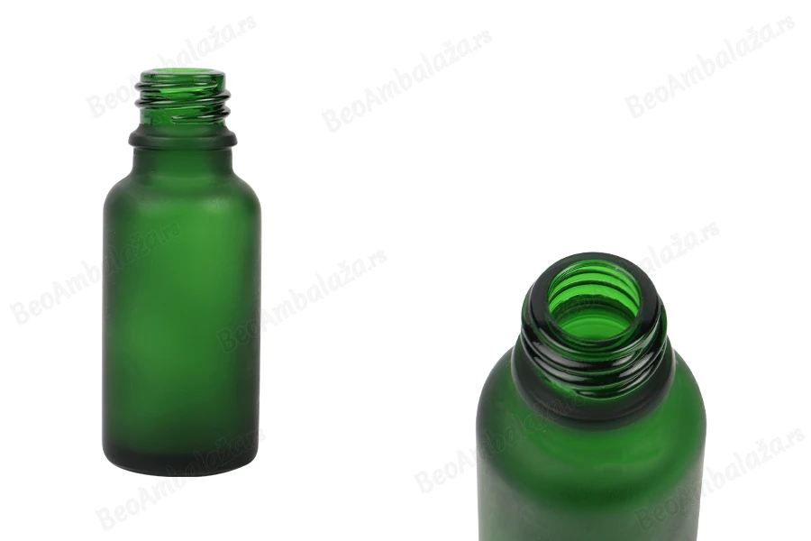 Zelena staklena bočica od peskiranog stakla za etarska ulja 20mL, sa grlom PP18 - bez zatvarača-slika_proizvoda