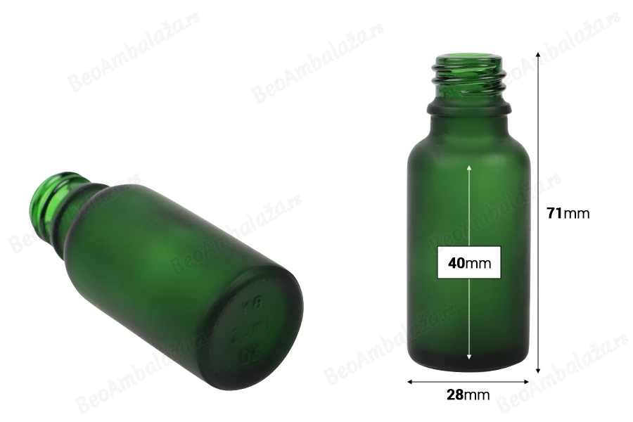 Zelena staklena bočica od peskiranog stakla za etarska ulja 20mL, sa grlom PP18 - bez zatvarača-dimenzije_slike