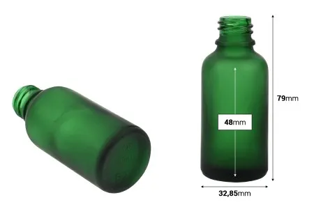 Zelena staklena bočica od peskiranog stakla za etarska ulja 30mL, sa grlom PP18 - bez zatvarača-2