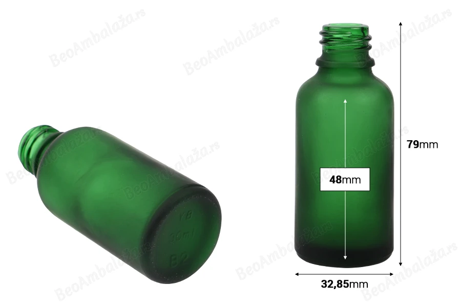 Zelena staklena bočica od peskiranog stakla za etarska ulja 30mL, sa grlom PP18 - bez zatvarača-dimenzije_slike