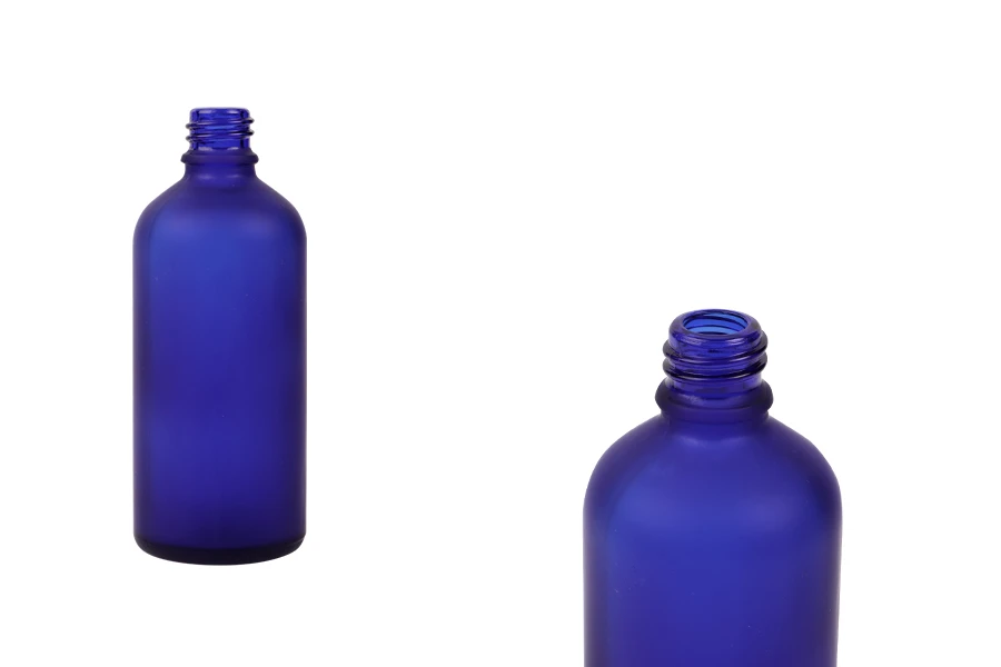 Plava staklena bočica od peskiranog stakla za etarska ulja 100mL, sa grlom PP18 - bez zatvarača-slika_proizvoda