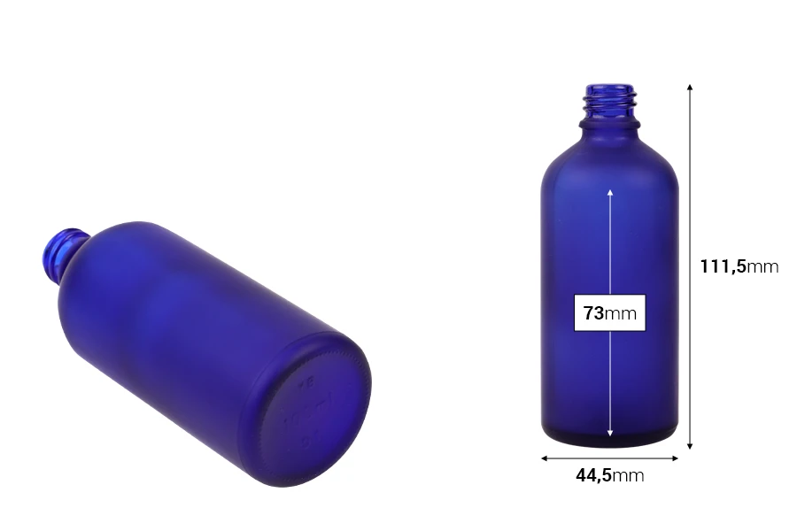 Plava staklena bočica od peskiranog stakla za etarska ulja 100mL, sa grlom PP18 - bez zatvarača-dimenzije_slike