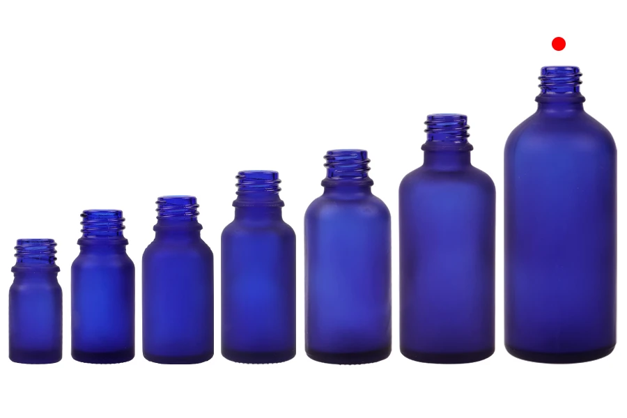 Plava staklena bočica od peskiranog stakla za etarska ulja 100mL, sa grlom PP18 - bez zatvarača-grupa_slika