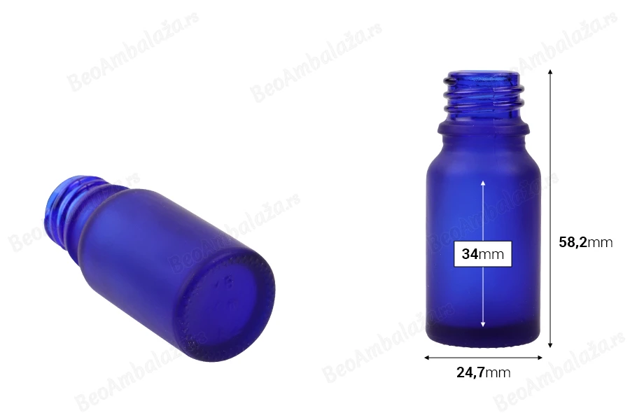 Plava staklena bočica od peskiranog stakla za etarska ulja 10mL, sa grlom PP18 - bez zatvarača-dimenzije_slike