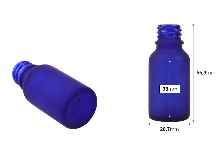 Plava staklena bočica od peskiranog stakla za etarska ulja 15mL, sa grlom PP18 - bez zatvarača-dimenzije_slike