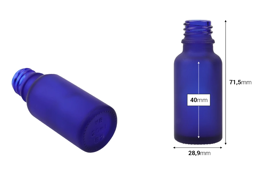 Plava staklena bočica od peskiranog stakla za etarska ulja 20mL, sa grlom PP18 - bez zatvarača-dimenzije_slike