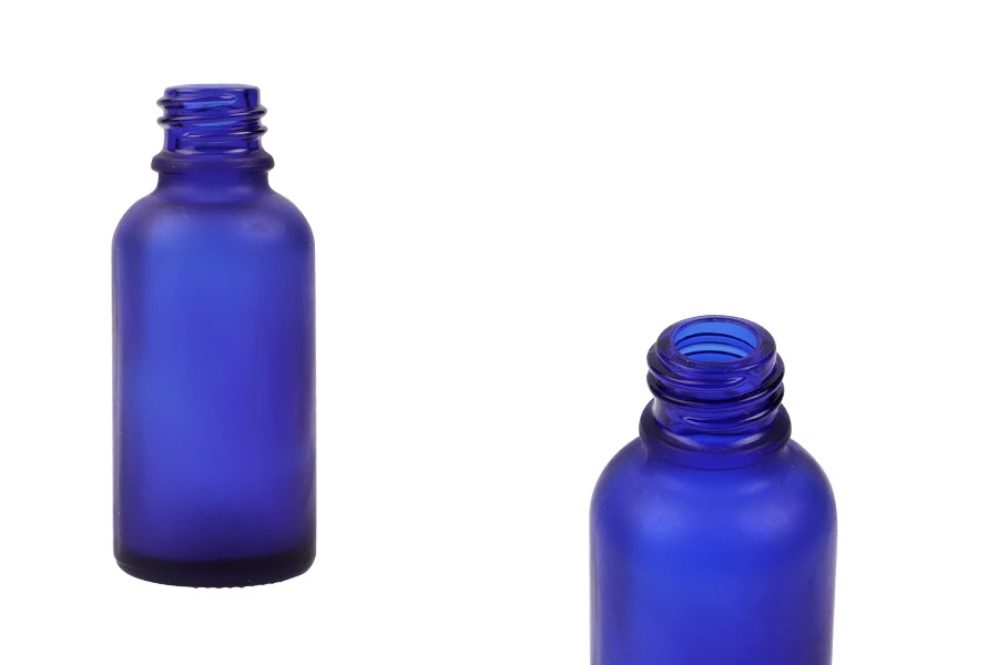 Plava staklena bočica od peskiranog stakla za etarska ulja 30mL, sa grlom PP18 - bez zatvarača Plava staklena bočica od peskiranog stakla za etarska ulja 30mL, sa grlom PP18 - bez zatvarača-slika_proizvoda