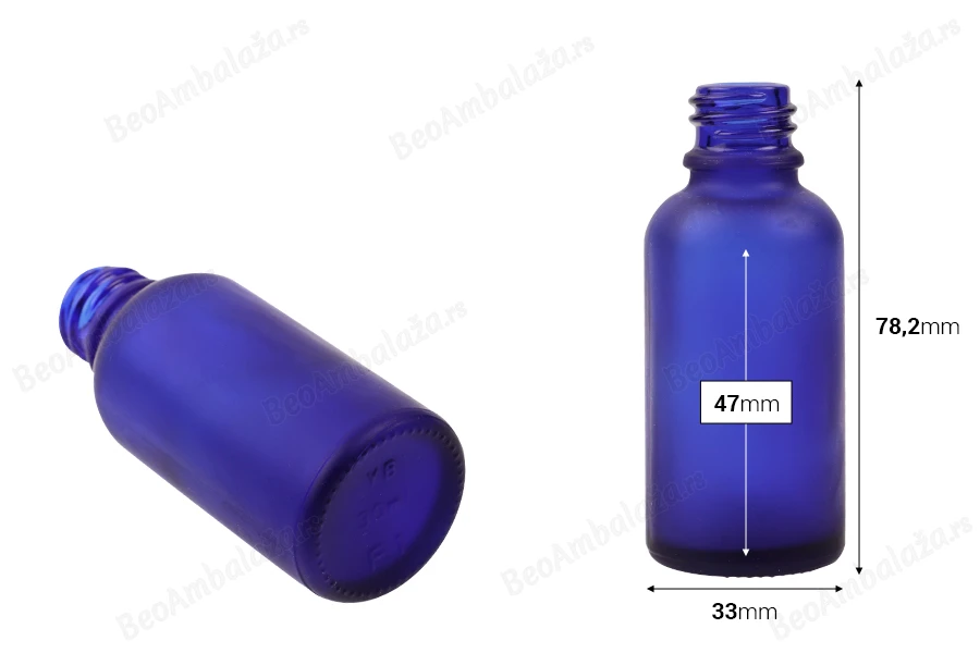 Plava staklena bočica od peskiranog stakla za etarska ulja 30mL, sa grlom PP18 - bez zatvarača-dimenzije_slike