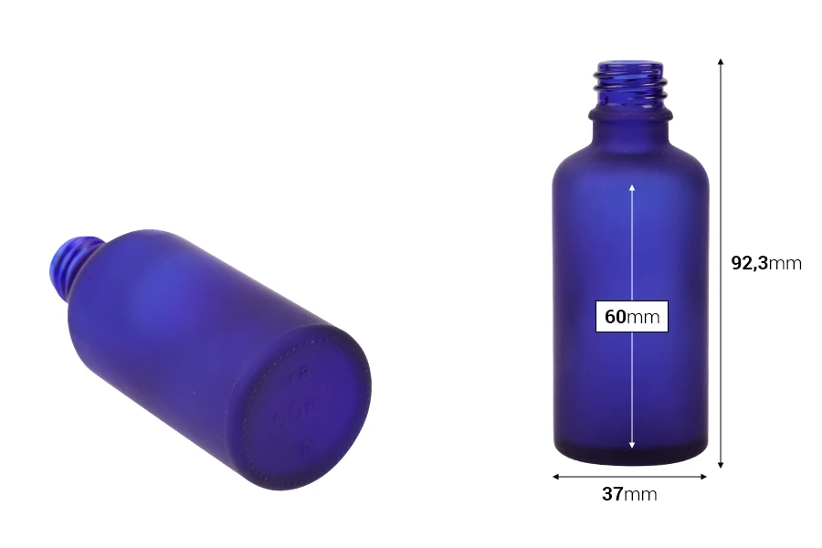 Plava staklena bočica od peskiranog stakla za etarska ulja 50mL, sa grlom PP18 - bez zatvarača-dimenzije_slike