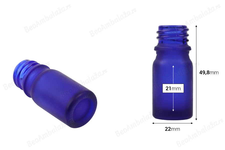 Plava staklena bočica od peskiranog stakla za etarska ulja 5mL, sa grlom PP18 - bez zatvarača-dimenzije_slike