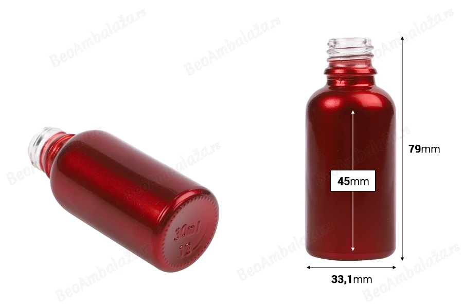 Staklena bočica 30mL za etarska ulja u crvenoj boji, sa grlom PP18-dimenzije_slike
