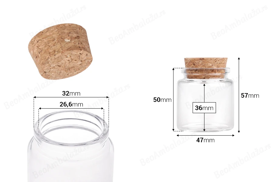 Staklena flašica sa plutanim čepom za poklončiće 50mL, 47x50 mm - 12 kom-dimenzije_slike