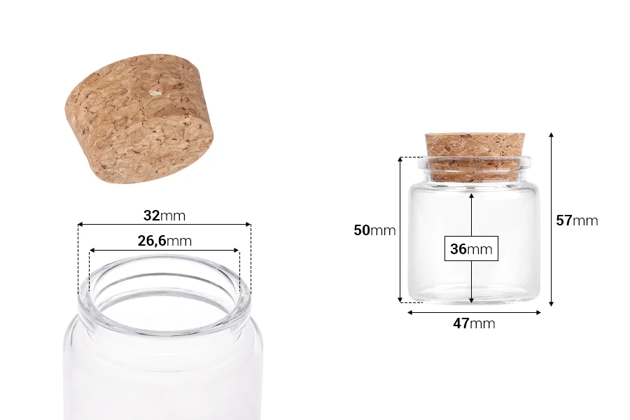 Staklena flašica sa plutanim čepom za poklončiće 50mL, 47x50 mm - 12 kom Staklena flašica sa plutanim čepom za poklončiće 50mL, 47x50 mm - 12 kom