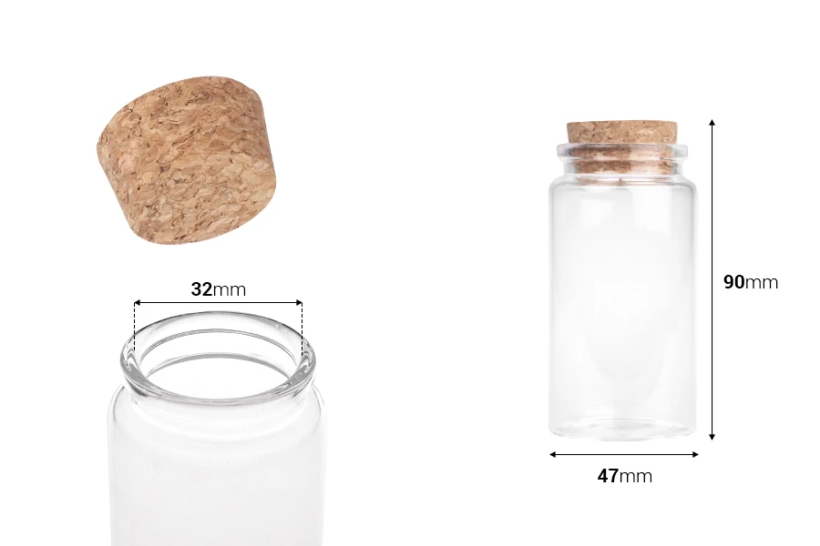 Staklena flašica sa plutanim čepom za poklončiće 120mL, 47x90 mm - 12 kom-dimenzije_slike