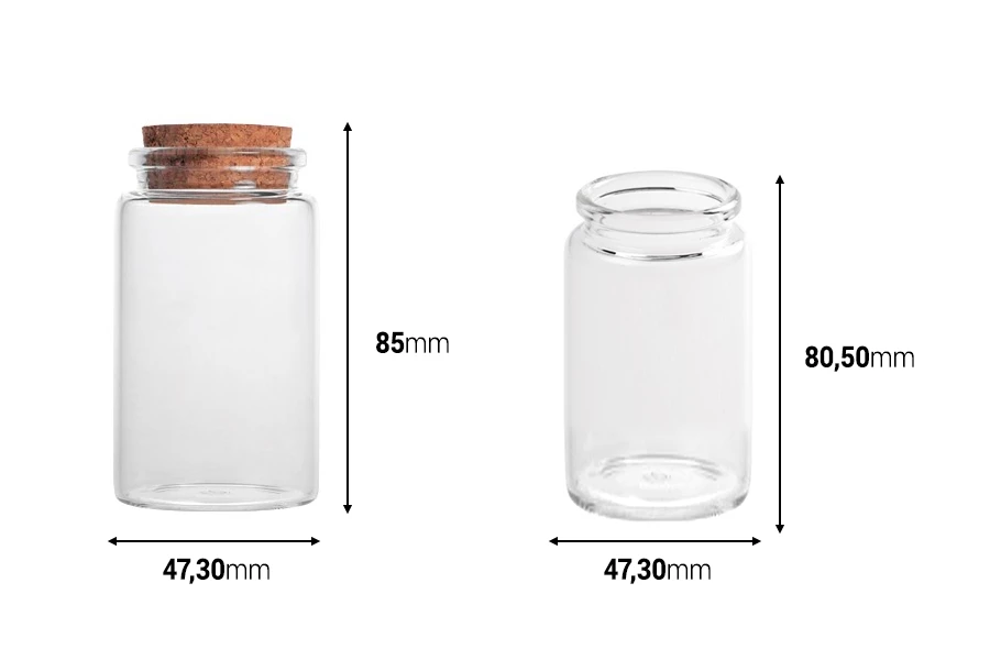 Staklena bočica 100mL širokog grla 47x85 sa konusnim plutanim čepom - 6 kom-dimenzije_slike
