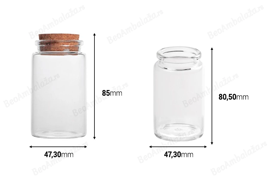 Staklena bočica 100mL širokog grla 47x85 sa konusnim plutanim čepom - 6 kom-dimenzije_slike