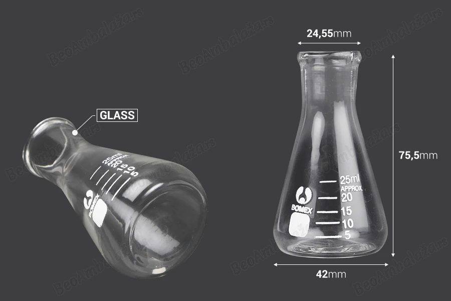 Staklena bočica Erlenmeyer 25mL-dimenzije_slike