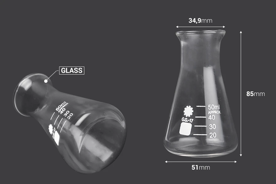 Staklena bočica Erlenmeyer 50mL-dimenzije_slike