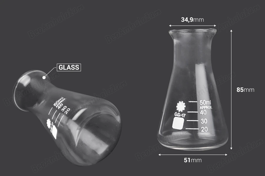 Staklena bočica Erlenmeyer 50mL-dimenzije_slike