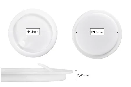 Plastični međupoklopac (PE) bele boje, visine 3,43 mm i prečnika 44,30 mm (mali prečnik: 39,60 mm) - 12 kom-1