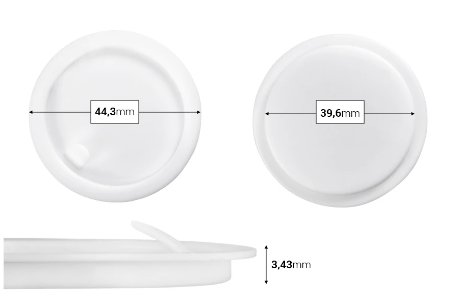 Plastični međupoklopac (PE) bele boje, visine 3,43 mm i prečnika 44,30 mm (mali prečnik: 39,60 mm) - 12 kom