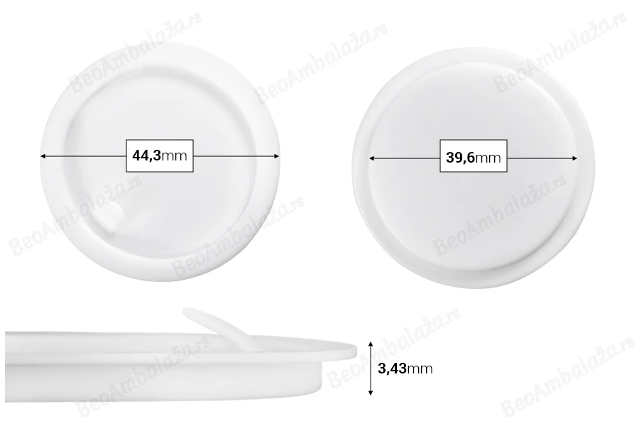 Plastični međupoklopac (PE) bele boje, visine 3,43 mm i prečnika 44,30 mm (mali prečnik: 39,60 mm) - 12 kom-slika_proizvoda