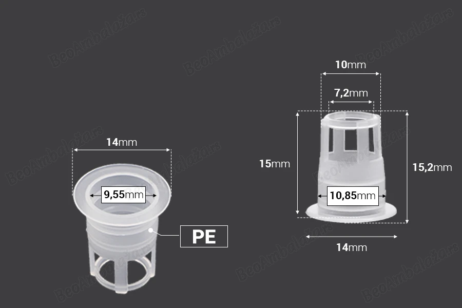 Plastični PE unutrašnji regulator toka prečnika 10,4 mm, za bočice sa grlom PP18 - 50 kom-dimenzije_slike