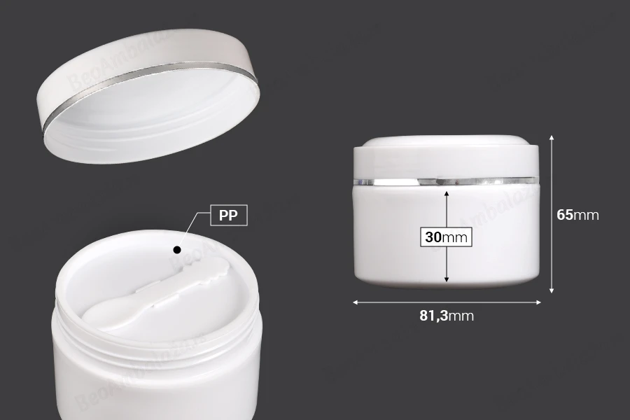 Plastična (PP) bela kutija 250mL sa zatvaračem, spatulom i plastičnim međupoklopcem - 12 kom-dimenzije_slike