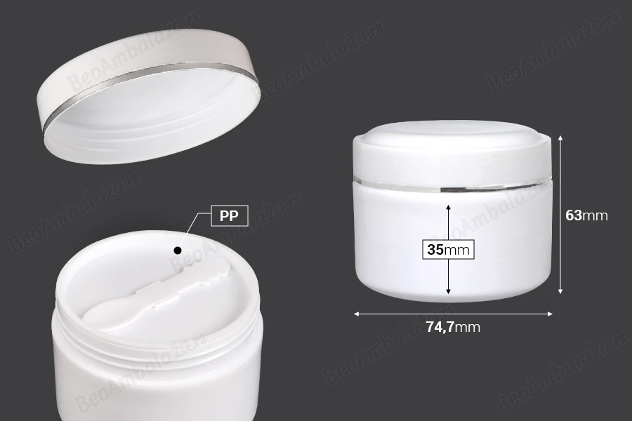 Plastična (PP) bela kutija 200mL sa zatvaračem, spatulom i plastičnim međupoklopcem - 12 kom-dimenzije_slike