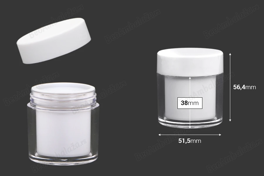 Akrilna bela kutijica 50mL sa međupoklopcem i plastičnim zatvaračem sa zaptivkom - 6 kom-dimenzije_slike