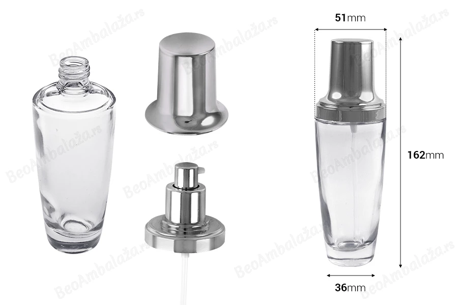 Staklena bočica 100mL za kreme, sa srebrnom pumpicom i zatvaračem-dimenzije_slike
