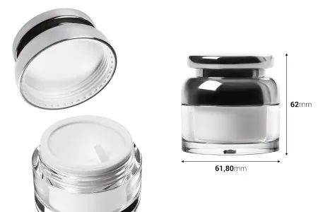 Akrilna kutijica za kremu 30mL sa srebrnim poklopcem sa zaptivkom i plastičnim međupoklopcem-2
