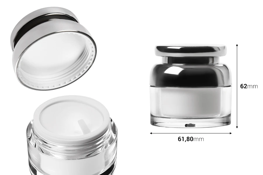Akrilna kutijica za kremu 30mL sa srebrnim poklopcem sa zaptivkom i plastičnim međupoklopcem