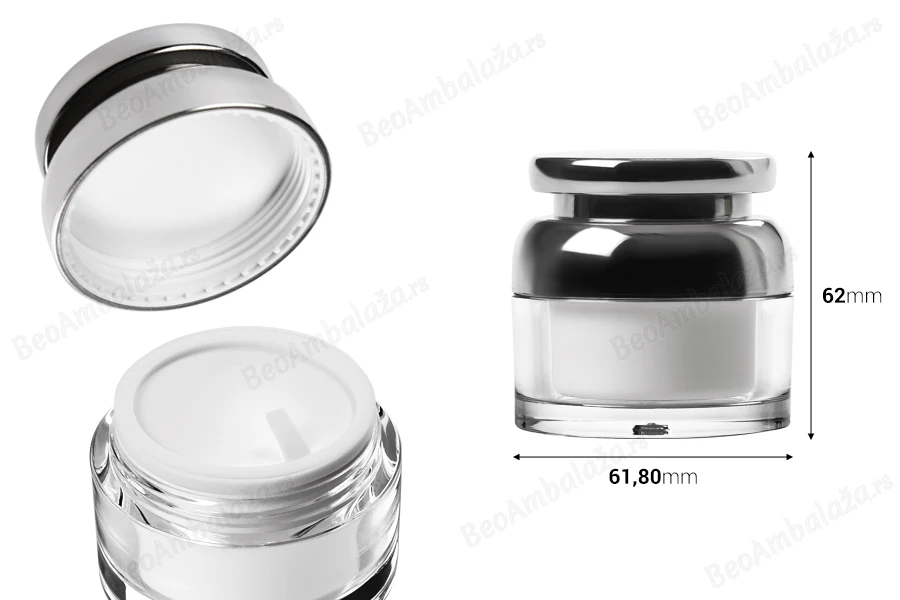 Akrilna kutijica za kremu 30mL sa srebrnim poklopcem sa zaptivkom i plastičnim međupoklopcem-dimenzije_slike